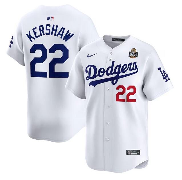 Men's Los Angeles Dodgers #22 Clayton Kershaw White 2024 World Series Home Limited Stitched Baseball Jersey Men's Los Angeles Dodgers #22 Clayton Kershaw White 2024 World Series Home Limited Stitched Baseball Jersey